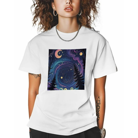 T Shirts for Women Short Sleeve Cotton Crewneck T-Shirt, Landscape Night Fantasy Cartoon Tee Tops Casual Basic T-Shirts, XS-5XL White XS