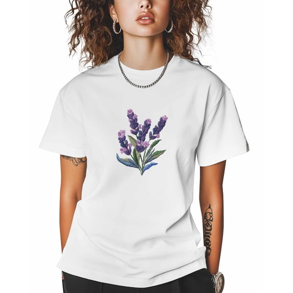 T Shirts for Women Short Sleeve Cotton Crewneck T-Shirt, Lavender Purple Plant Embroidery Style Tee Tops Casual Basic T-Shirts, XS-5XL White XS