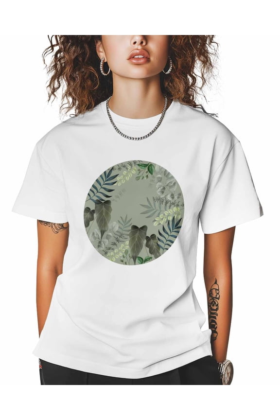T Shirts for Women Short Sleeve Cotton Crewneck T-Shirt, Leaves Plants Sage Green Circle Tee Tops Casual Basic T-Shirts, XS-5XL White L