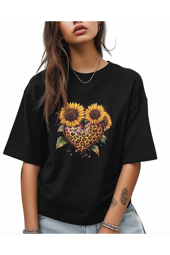 T Shirts for Women Short Sleeve Cotton Crewneck T-Shirt, Leopard Print 3D Heart Sunflower Tee Tops Casual Basic T-Shirts, XS-5XL Black XS