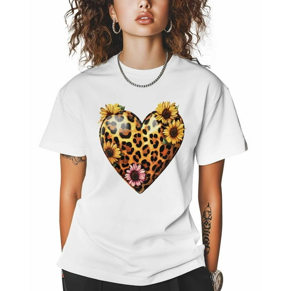 T Shirts for Women Short Sleeve Cotton Crewneck T-Shirt, Leopard Print Heart Graphic Tee Tops Casual Basic T-Shirts, XS-5XL White 4XL