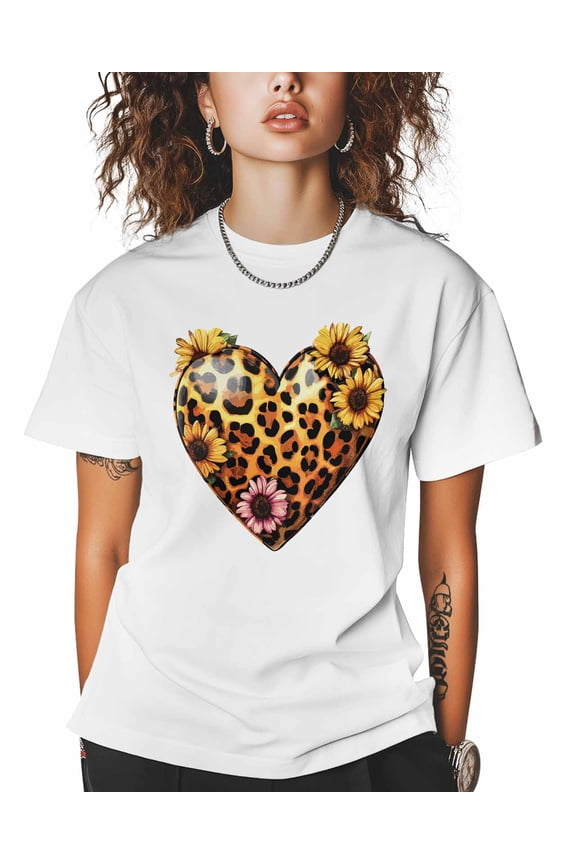 T Shirts for Women Short Sleeve Cotton Crewneck T-Shirt, Leopard Print Heart Graphic Tee Tops Casual Basic T-Shirts, XS-5XL White 5XL
