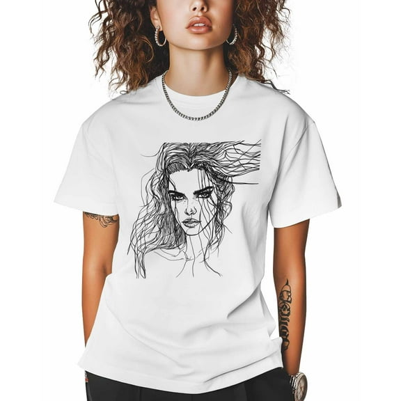 T Shirts for Women Short Sleeve Cotton Crewneck T-Shirt, Line Art Face Streetwear Hand Drawn Tee Tops Casual Basic T-Shirts, XS-5XL White S