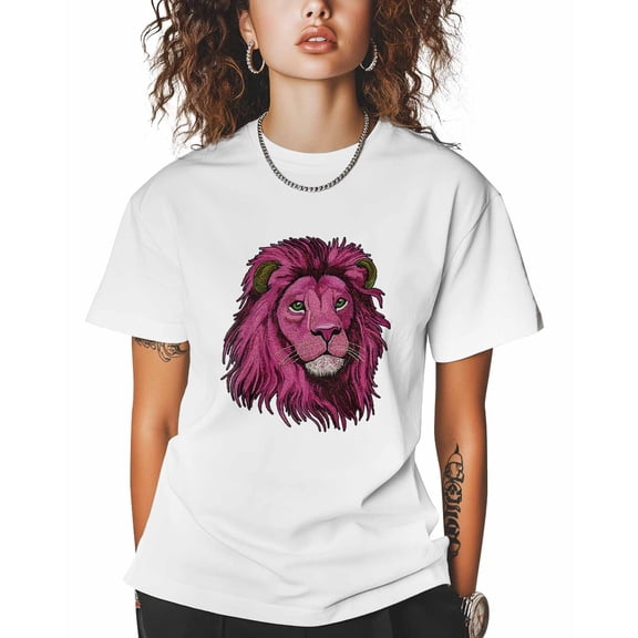 T Shirts for Women Short Sleeve Cotton Crewneck T-Shirt, Lion Animal Pink Embroidery Style Tee Tops Casual Basic T-Shirts, XS-5XL White XS