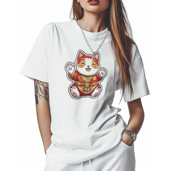 T Shirts for Women Short Sleeve Cotton Crewneck T-Shirt, Lucky Cat Animal Japanese Tee Tops Casual Basic T-Shirts, XS-5XL White M