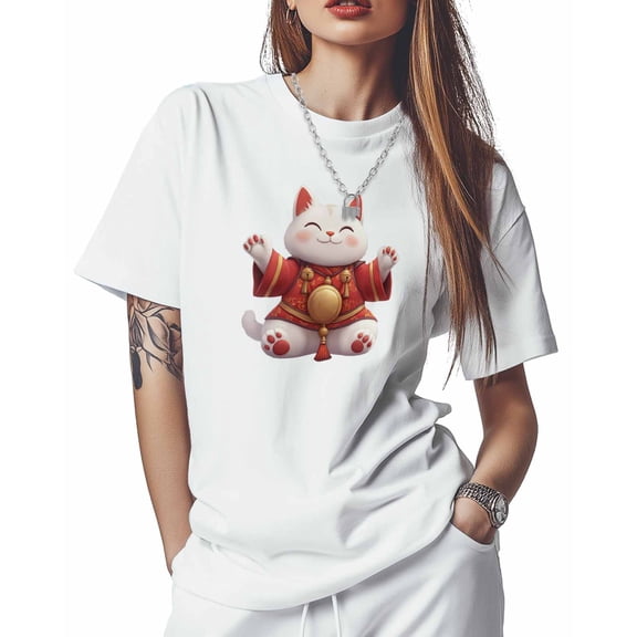 T Shirts for Women Short Sleeve Cotton Crewneck T-Shirt, Lucky Cat Animal Tee Tops Casual Basic T-Shirts, XS-5XL White L