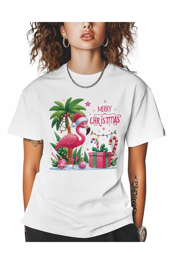 T Shirts for Women Short Sleeve Cotton Crewneck T-Shirt, Merry Christmas Flamingo Palms Sea Tee Tops Casual Basic T-Shirts, XS-5XL White 4XL