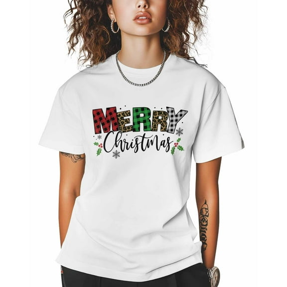 T Shirts for Women Short Sleeve Cotton Crewneck T-Shirt, Merry Christmas Leopard Print Plaid Tee Tops Casual Basic T-Shirts, XS-5XL White 3XL
