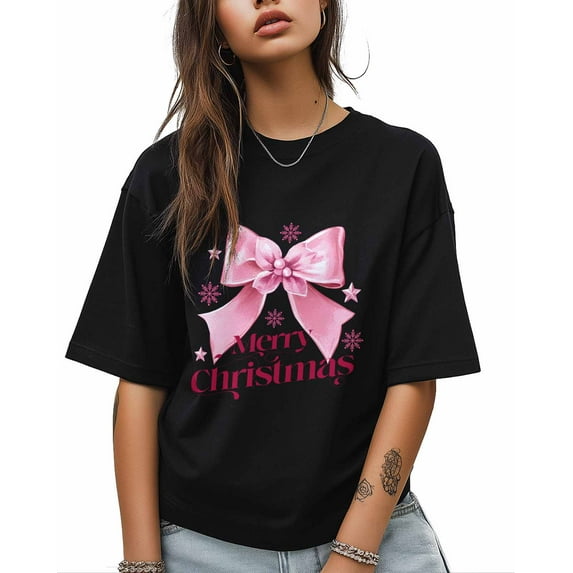 T Shirts for Women Short Sleeve Cotton Crewneck T-Shirt, Merry Christmas Pink Bow Tie Snowflake Tee Tops Casual Basic T-Shirts, XS-5XL Black XS