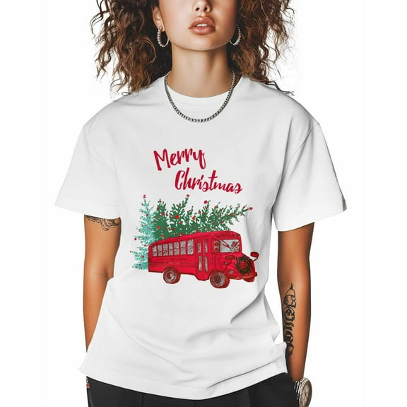 T Shirts for Women Short Sleeve Cotton Crewneck T-Shirt, Merry Christmas Red Bus Xmas Tree Tee Tops Casual Basic T-Shirts, XS-5XL White 5XL
