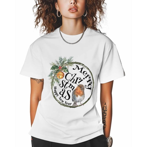 T Shirts for Women Short Sleeve Cotton Crewneck T-Shirt, Merry Christmas Robin Bell Pine Branch Tee Tops Casual Basic T-Shirts, XS-5XL White XS