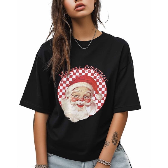 T Shirts for Women Short Sleeve Cotton Crewneck T-Shirt, Merry Christmas Santa Claus Red Plaid Tee Tops Casual Basic T-Shirts, XS-5XL Black XL
