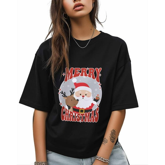 T Shirts for Women Short Sleeve Cotton Crewneck T-Shirt, Merry Christmas Simple Santa Claus Elk Tee Tops Casual Basic T-Shirts, XS-5XL Black S