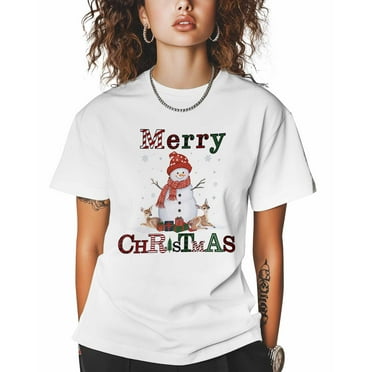 T Shirts for Women Short Sleeve Cotton Crewneck T-Shirt, Merry Christmas Snowman with Deer Tee Tops Casual Basic T-Shirts, XS-5XL White M