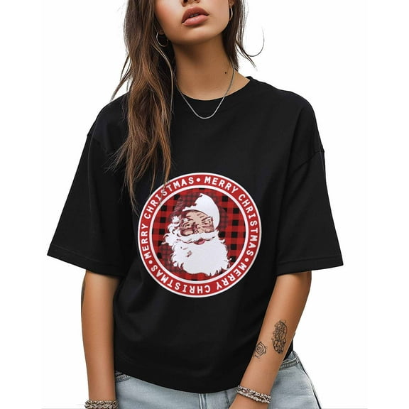 T Shirts for Women Short Sleeve Cotton Crewneck T-Shirt, Merry Christmas Vintage Santa Claus Tee Tops Casual Basic T-Shirts, XS-5XL Black 3XL