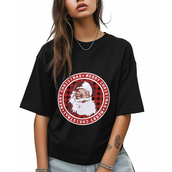 T Shirts for Women Short Sleeve Cotton Crewneck T-Shirt, Merry Christmas Vintage Santa Claus Tee Tops Casual Basic T-Shirts, XS-5XL Black XL