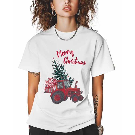 T Shirts for Women Short Sleeve Cotton Crewneck T-Shirt, Merry Christmas Xmas Tree Red Truck Tee Tops Casual Basic T-Shirts, XS-5XL White M