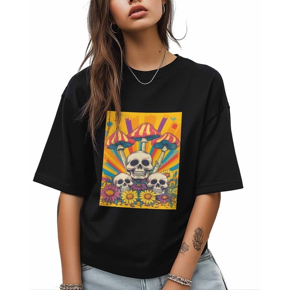 T Shirts for Women Short Sleeve Cotton Crewneck T-Shirt, Mexican Hip Hop Rainbow Skull Flower Tee Tops Casual Basic T-Shirts, XS-5XL Black L