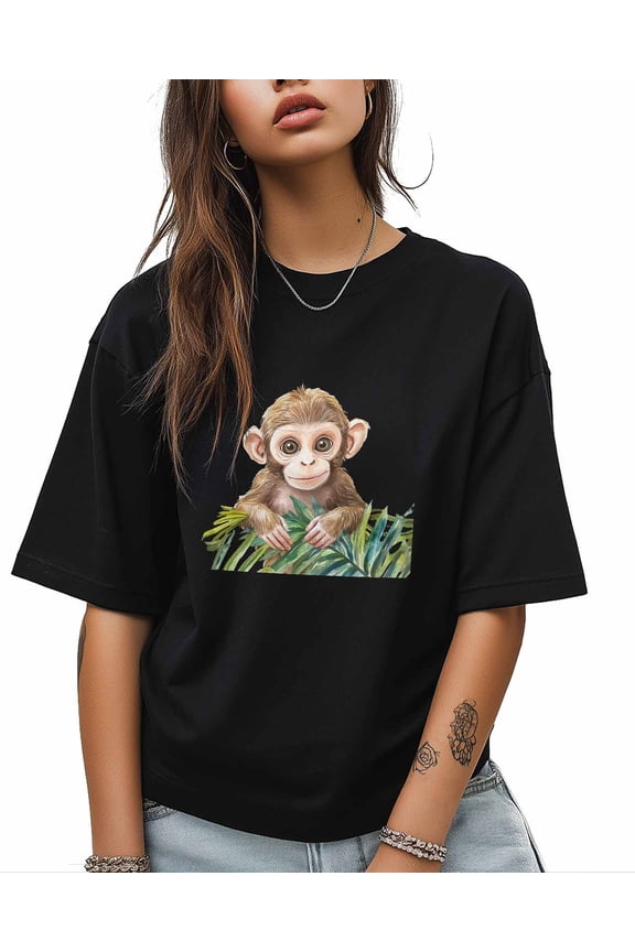 T Shirts for Women Short Sleeve Cotton Crewneck T-Shirt, Monkey Tropical Leaf Animal Tee Tops Casual Basic T-Shirts, XS-5XL Black XS