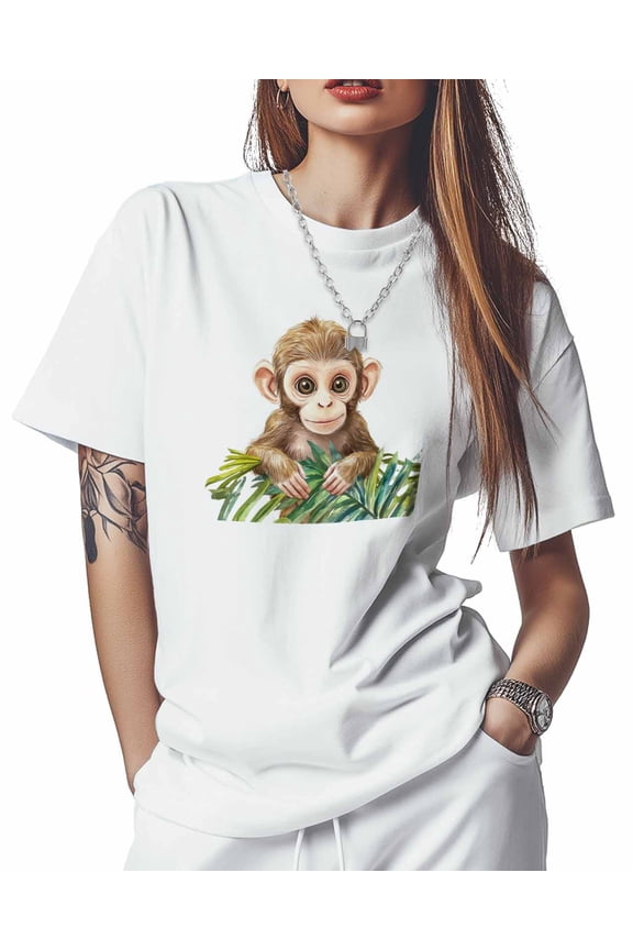 T Shirts for Women Short Sleeve Cotton Crewneck T-Shirt, Monkey Tropical Leaf Animal Tee Tops Casual Basic T-Shirts, XS-5XL White XS