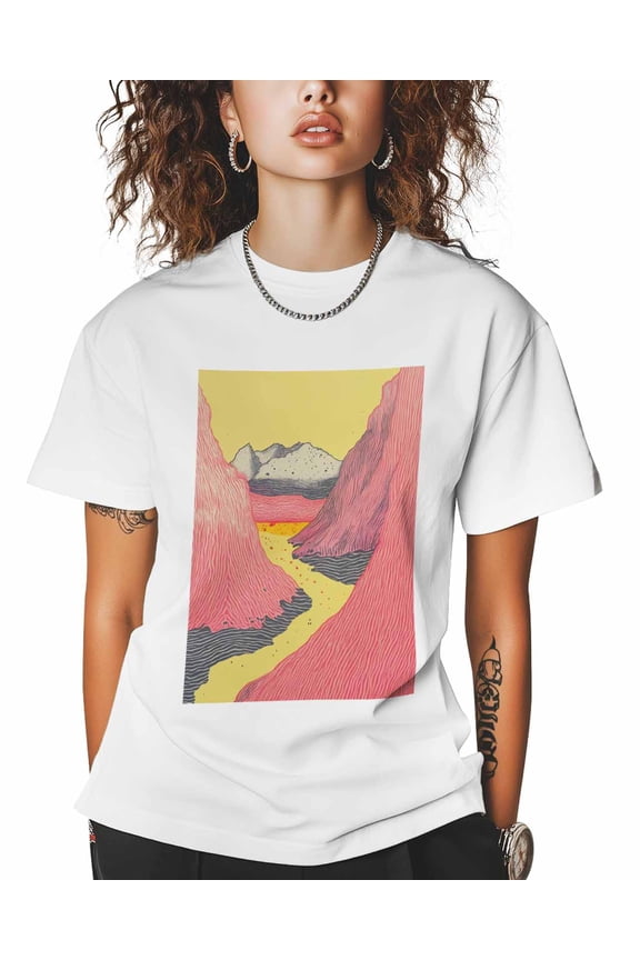 T Shirts for Women Short Sleeve Cotton Crewneck T-Shirt, Mountain River Retro Abstract Illustration Tee Tops Casual Basic T-Shirts, XS-5XL White XL