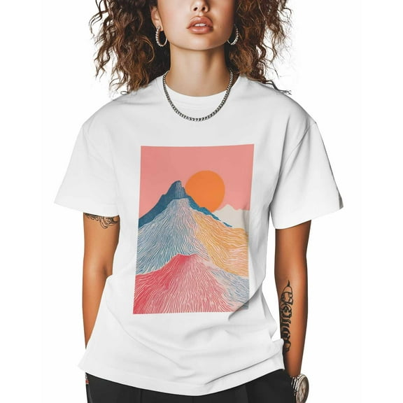 T Shirts for Women Short Sleeve Cotton Crewneck T-Shirt, Mountain Sun Retro Abstract Illustration Tee Tops Casual Basic T-Shirts, XS-5XL White 5XL