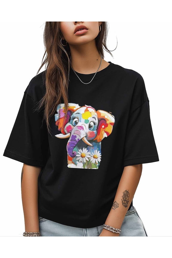 T Shirts for Women Short Sleeve Cotton Crewneck T-Shirt, Multicolor Elephant Daisy Cartoon Tee Tops Casual Basic T-Shirts, XS-5XL Black XL