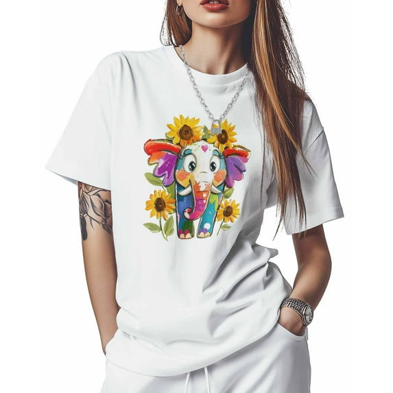 T Shirts for Women Short Sleeve Cotton Crewneck T-Shirt, Multicolor Elephant Sunflower Tee Tops Casual Basic T-Shirts, XS-5XL White XS