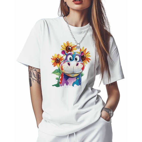 T Shirts for Women Short Sleeve Cotton Crewneck T-Shirt, Multicolor Hippo Sunflower Cute Tee Tops Casual Basic T-Shirts, XS-5XL White XS