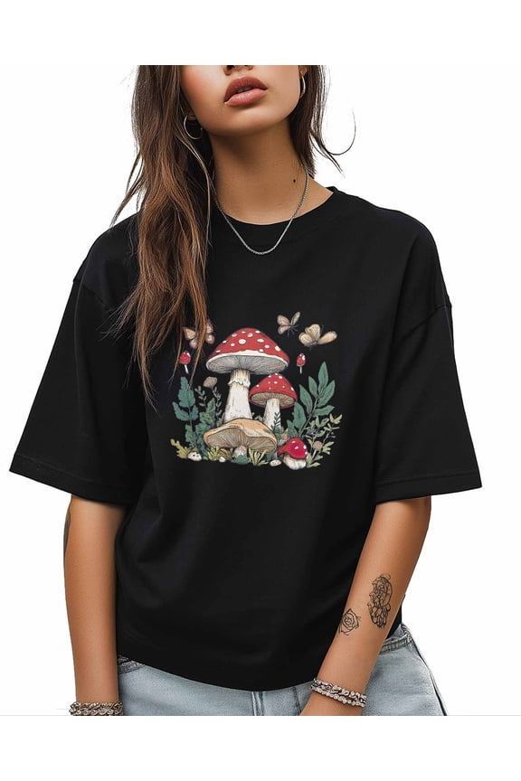 T Shirts for Women Short Sleeve Cotton Crewneck T-Shirt, Mushroom Butterfly Leaf Plant Tee Tops Casual Basic T-Shirts, XS-5XL Black 4XL