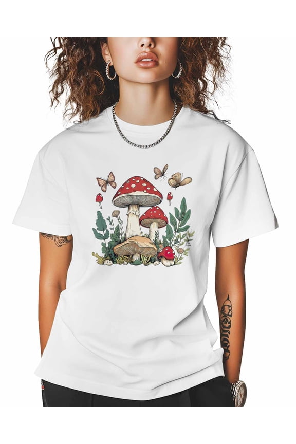 T Shirts for Women Short Sleeve Cotton Crewneck T-Shirt, Mushroom Butterfly Leaf Plant Tee Tops Casual Basic T-Shirts, XS-5XL White XL