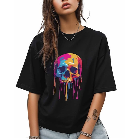 T Shirts for Women Short Sleeve Cotton Crewneck T-Shirt, Neon Paint Skull Cartoon Tee Tops Casual Basic T-Shirts, XS-5XL Black S
