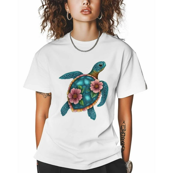 T Shirts for Women Short Sleeve Cotton Crewneck T-Shirt, Ocean Blue Turtle Flower Animals Tee Tops Casual Basic T-Shirts, XS-5XL White 5XL
