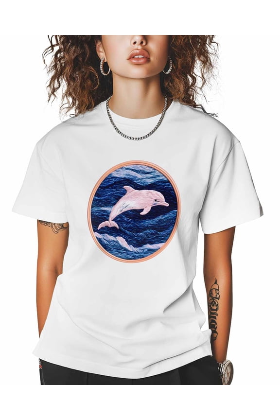 T Shirts for Women Short Sleeve Cotton Crewneck T-Shirt, Ocean Pink Dolphin Embroidery Tee Tops Casual Basic T-Shirts, XS-5XL White XS