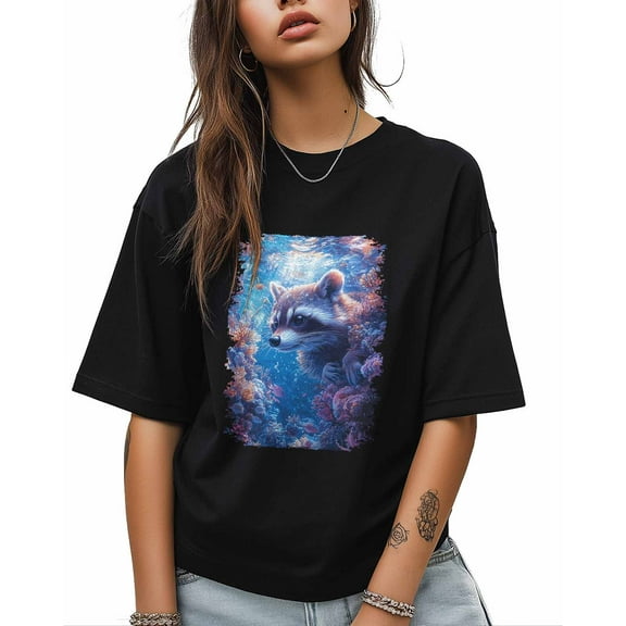 T Shirts for Women Short Sleeve Cotton Crewneck T-Shirt, Ocean Underwater World Coral Raccoon Tee Tops Casual Basic T-Shirts, XS-5XL Black XXL