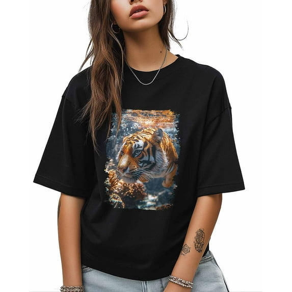 T Shirts for Women Short Sleeve Cotton Crewneck T-Shirt, Ocean Underwater World Coral Tiger Tee Tops Casual Basic T-Shirts, XS-5XL Black XXL