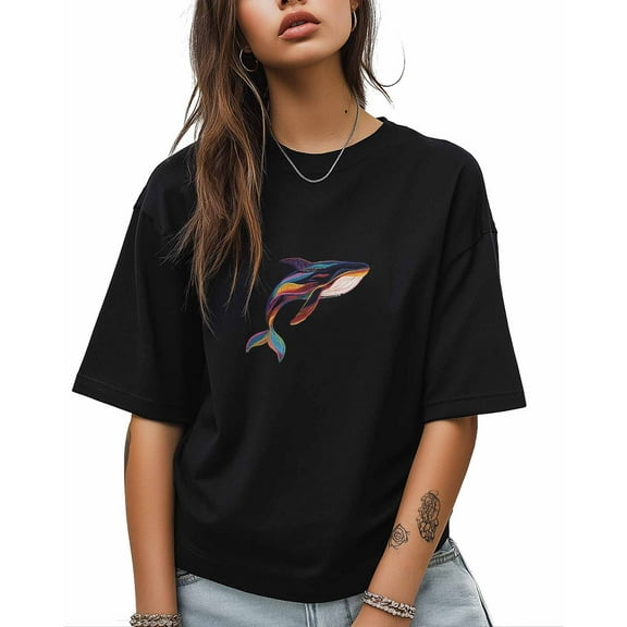 T Shirts for Women Short Sleeve Cotton Crewneck T-Shirt, Painted Whale Tee Tops Casual Basic T-Shirts, XS-5XL Black M
