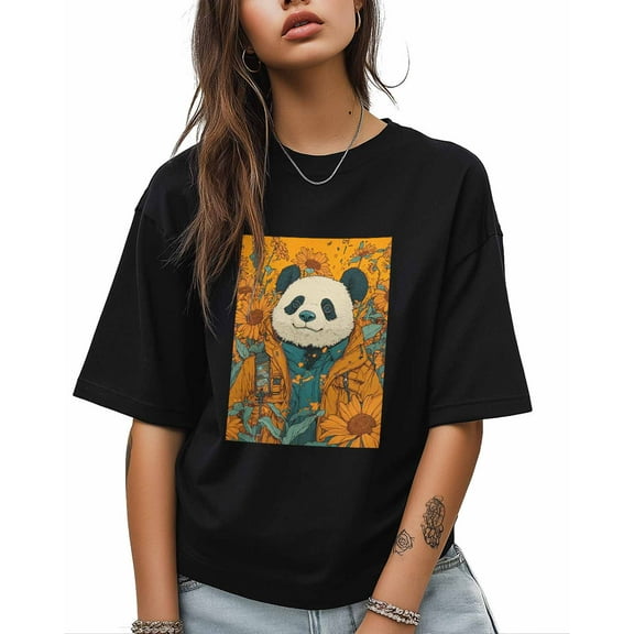 T Shirts for Women Short Sleeve Cotton Crewneck T-Shirt, Panda with Sunflower Tee Tops Casual Basic T-Shirts, XS-5XL Black L