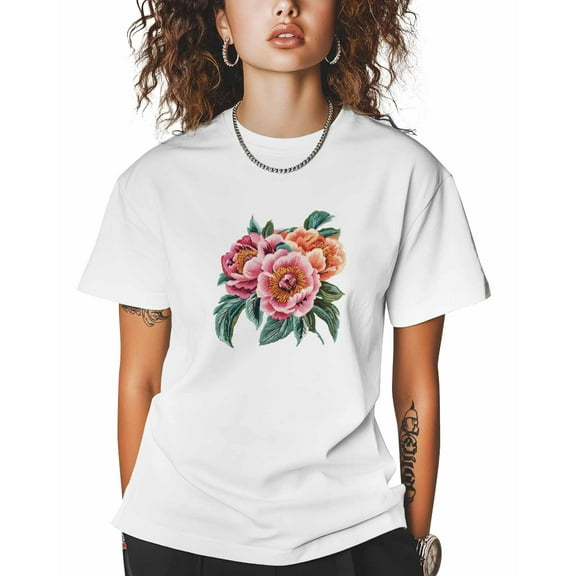 T Shirts for Women Short Sleeve Cotton Crewneck T-Shirt, Peony Flowers Embroidered Tee Tops Casual Basic T-Shirts, XS-5XL White 3XL