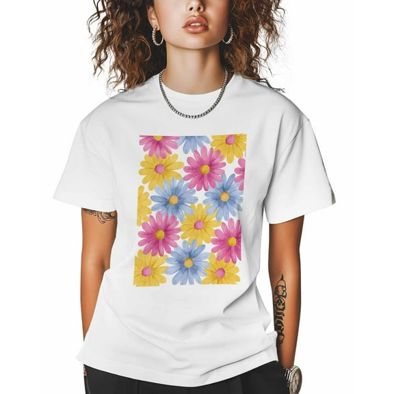 T Shirts for Women Short Sleeve Cotton Crewneck T-Shirt, Pink Blue Yellow Daisy Pattern Tee Tops Casual Basic T-Shirts, XS-5XL White XL