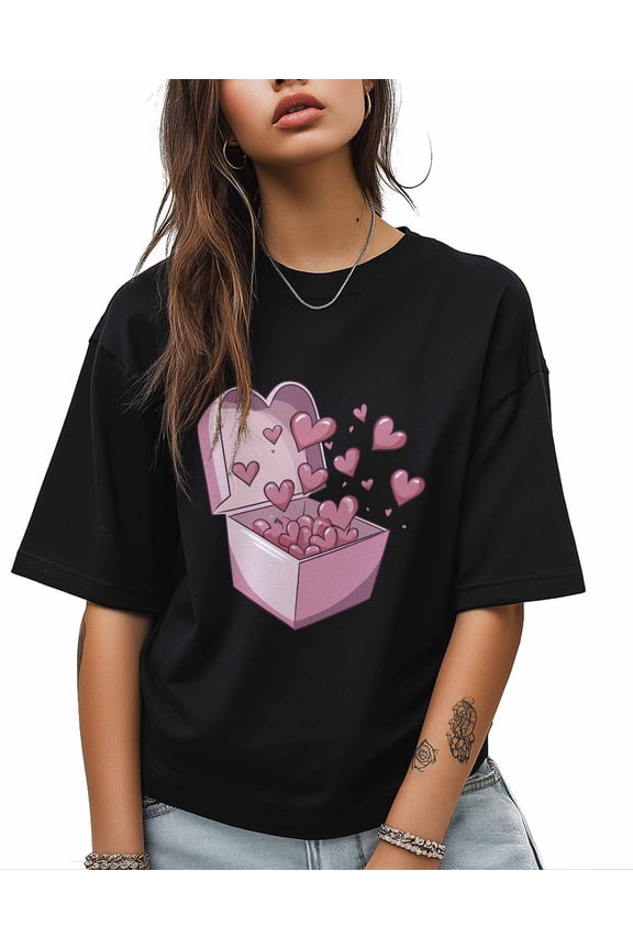 T Shirts for Women Short Sleeve Cotton Crewneck T-Shirt, Pink Cartoon Heart Box Tee Tops Casual Basic T-Shirts, XS-5XL Black L