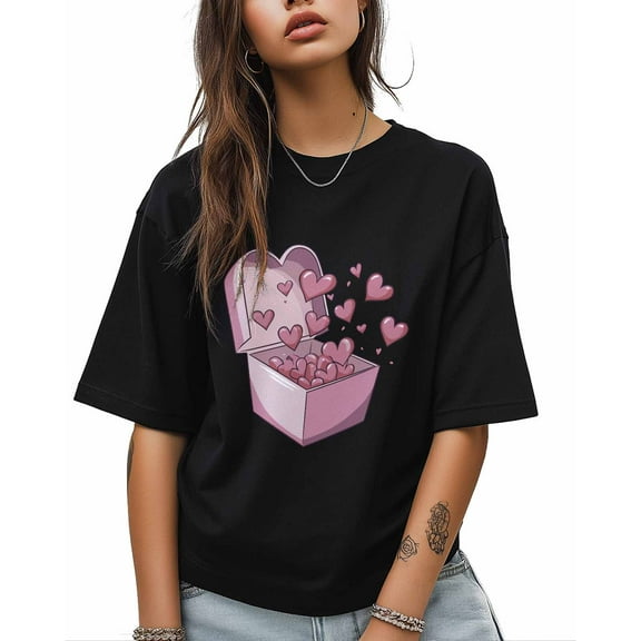 T Shirts for Women Short Sleeve Cotton Crewneck T-Shirt, Pink Cartoon Heart Box Tee Tops Casual Basic T-Shirts, XS-5XL Black XL
