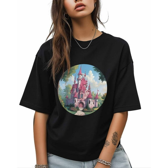 T Shirts for Women Short Sleeve Cotton Crewneck T-Shirt, Pink Castle Forest Blue Sky Tee Tops Casual Basic T-Shirts, XS-5XL Black M