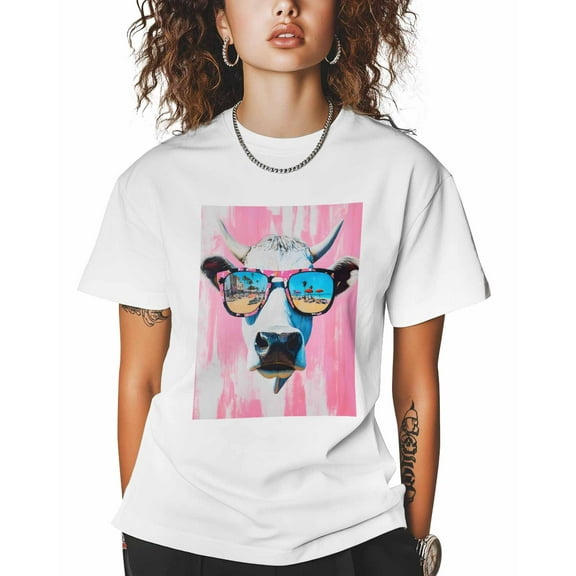 T Shirts for Women Short Sleeve Cotton Crewneck T-Shirt, Pink Cow Wearing Glasses Cool Animal Tee Tops Casual Basic T-Shirts, XS-5XL White XS