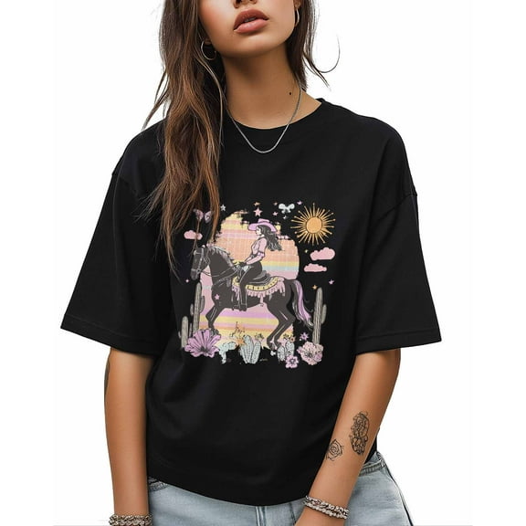 T Shirts for Women Short Sleeve Cotton Crewneck T-Shirt, Pink Cowgirl Horseback Riding Tee Tops Casual Basic T-Shirts, XS-5XL Black S