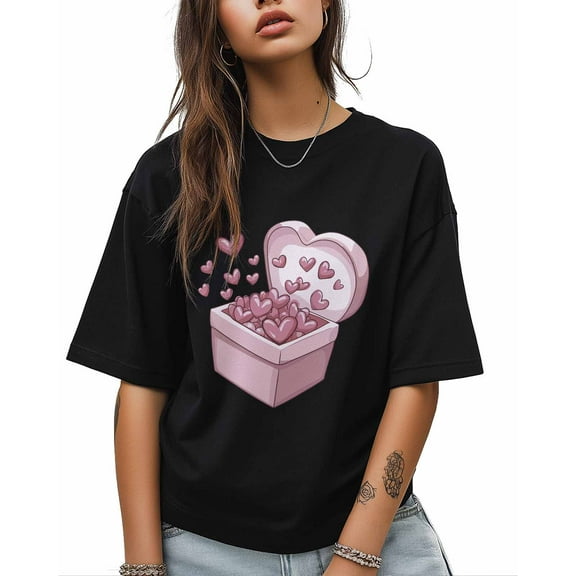 T Shirts for Women Short Sleeve Cotton Crewneck T-Shirt, Pink Heart Box Valentine Tee Tops Casual Basic T-Shirts, XS-5XL Black S