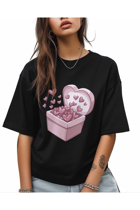 T Shirts for Women Short Sleeve Cotton Crewneck T-Shirt, Pink Heart Box Valentine Tee Tops Casual Basic T-Shirts, XS-5XL Black XS