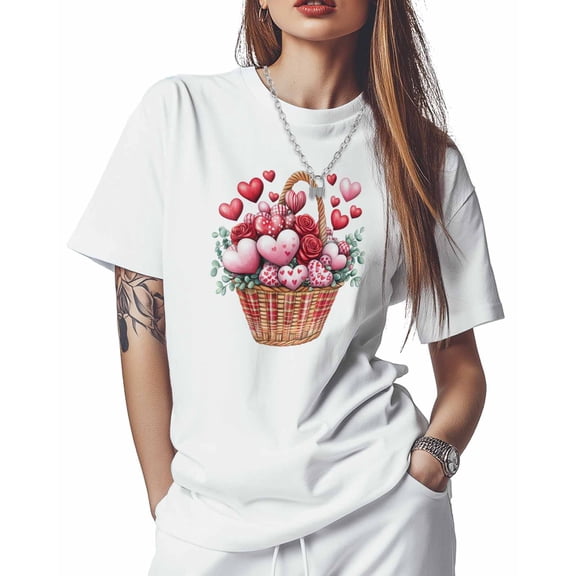 T Shirts for Women Short Sleeve Cotton Crewneck T-Shirt, Pink Heart Red Flower Basket Tee Tops Casual Basic T-Shirts, XS-5XL White XL