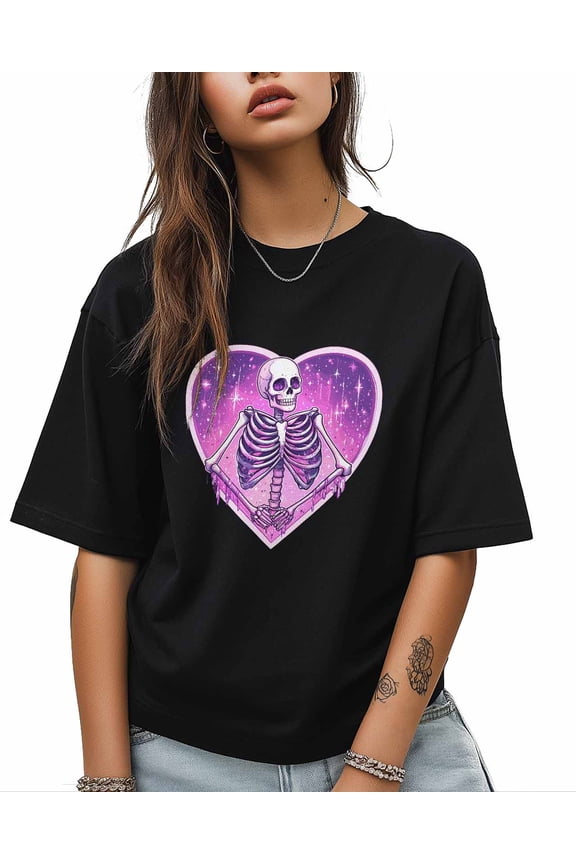 T Shirts for Women Short Sleeve Cotton Crewneck T-Shirt, Pink Human Skeleton Skull Heart Tee Tops Casual Basic T-Shirts, XS-5XL Black XS