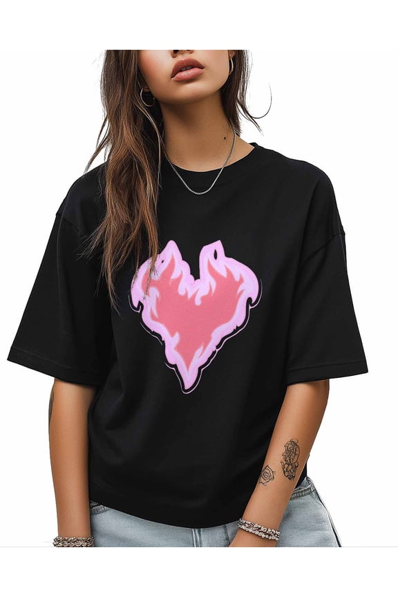 T Shirts for Women Short Sleeve Cotton Crewneck T-Shirt, Pink Love Heart Flame Tee Tops Casual Basic T-Shirts, XS-5XL Black S
